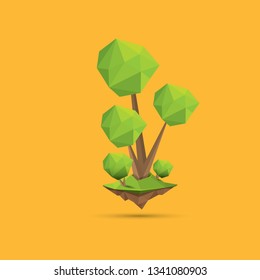 summer green low poly style tree isolated on orange background. Abstract Green tree design element for games and banners