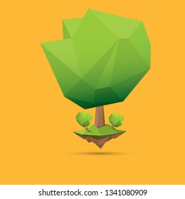 summer green low poly style tree isolated on orange background. Abstract Green tree design element for games and banners