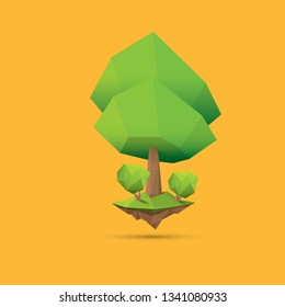 summer green low poly style tree isolated on orange background. Abstract Green tree design element for games and banners