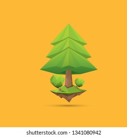 summer green low poly style tree isolated on orange background. Abstract Green tree design element for games and banners