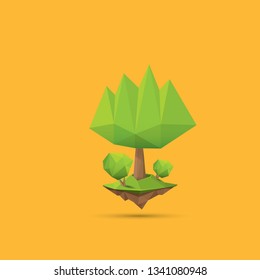 summer green low poly style tree isolated on orange background. Abstract Green tree design element for games and banners