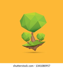 summer green low poly style tree isolated on orange background. Abstract Green tree design element for games and banners