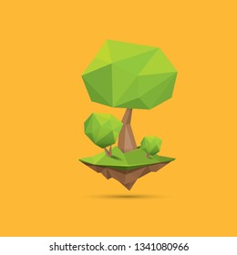 summer green low poly style tree isolated on orange background. Abstract Green tree design element for games and banners