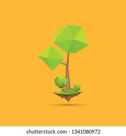 summer green low poly style tree isolated on orange background. Abstract Green tree design element for games and banners