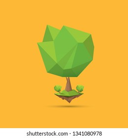 summer green low poly style tree isolated on orange background. Abstract Green tree design element for games and banners
