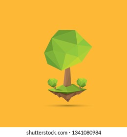 summer green low poly style tree isolated on orange background. Abstract Green tree design element for games and banners