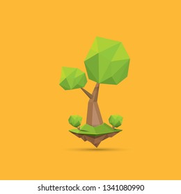 summer green low poly style tree isolated on orange background. Abstract Green tree design element for games and banners