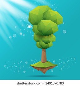 Summer green low poly style tree isolated on turquoise sky background with sun lights and sun beams. Abstract Green tree design element for games and banners