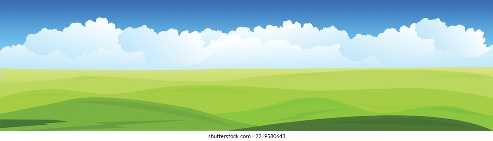 Summer green mountain creek landscape clouds panorama. Vector illustration.