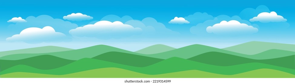 Sommergrüne Berglandschaft Wolken Panorama. Vektorgrafik.