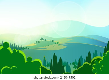 summer green mountains tree valley landscape vector illustration