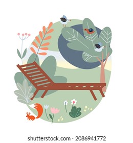 Summer green park vector illustration. Cartoon garden landscape with lounge, trees, flowers on grass meadow, squirrel and birds in cute nature forest scenery of oval geometric shape isolated on white