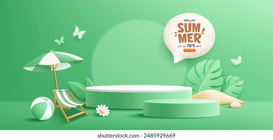 Summer Green podium sale, beach umbrella and beach reclining chair, pile of sand, tropical green leaf, banner design on green background. EPS 10 Vector illustration
