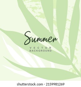 Summer green square background with tropical leaves and texture. Editable vector template for card, banner, invitation, social media post, poster, mobile apps, web ads