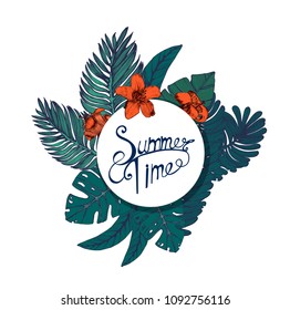 summer green tropical banner, hand drawing, palm leaves and flowers , vector