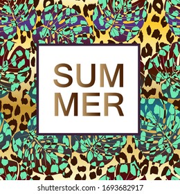 Summer green tropical flyer design with monstera palm leaves and leopard spots.