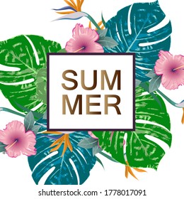 Summer green tropical flyer design with tropical flowers and monstera leaves. Frame design. Copy space