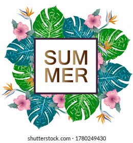 Summer green tropical flyer design with tropical flowers and monstera leaves. Frame design. Copy space