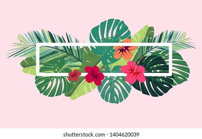 summer  green tropical in  frame vector design with banana leaves,coconut leaves,palm leaves,flowers and white frame