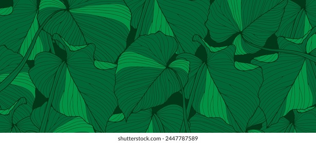 Summer green vector botanical background with tropical leaves. Summer tropical design, wallpaper, cover, poster, banner.