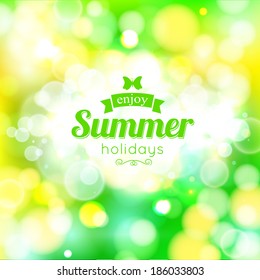 Summer green and yellow typographical blurry background with photorealistic bokeh lights. Vector illustration.