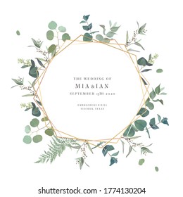 Summer greenery vector design card. Eucalyptus, spring greenery, sage plants. Wedding floral invitation background. Geometric golden art. Watercolor vintage frame. Elements are isolated and editable