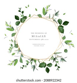 Summer greenery vector design card. Eucalyptus, spring greenery, sage plants. Wedding floral invitation background. Geometric golden art. Watercolor vintage frame. Elements are isolated and editable