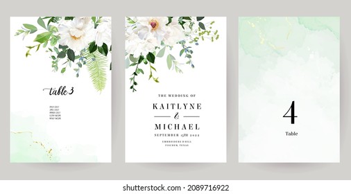 Summer greenery, white flowers vector design spring cards. White peony, hydrangea, beige magnolia, leaves, eucalyptus. Floral wedding frames. Watercolor texture. Elements are isolated and editable