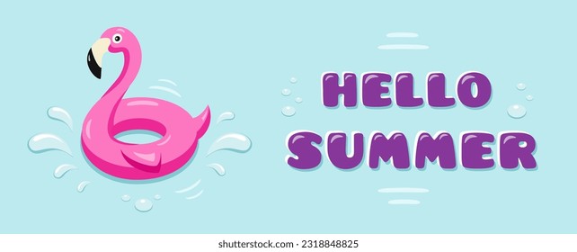 Summer greeting banner with  a swimming ring Flamingo. Vector illustration.