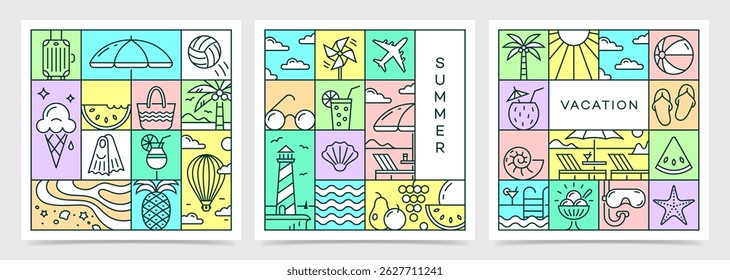 Summer greeting bright and juicy poster set. Modern art design with icons for ads, banner, cover, label, poster, sales. Vector illustration in minimalistic line style.