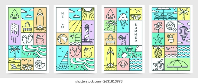 Summer greeting bright and juicy poster set. Modern art design with icons for ads, banner, cover, label, poster, sales. Vector illustration in minimalistic line style.