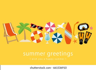 Summer greeting card of beach goods icon