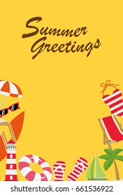Summer greeting card of beach goods icon