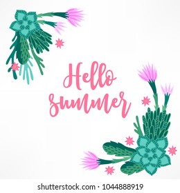 Summer greeting card with blooming cactuses. Corner ornament. Perfect for holiday invitation