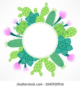 Summer greeting card with blooming cactuses, succulents, opuntia and circle blank label. Perfect for holiday invitations