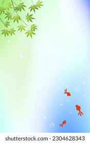 Summer greeting card with blue maple, goldfish and gradient background. Vertical postcard size. Vector illustration.