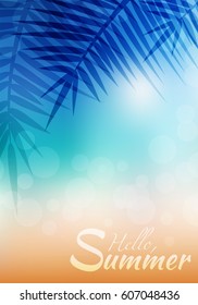 Summer greeting card with blurred background and palm branches.  Beach with sparkles and bokeh. Vector background for your creativity