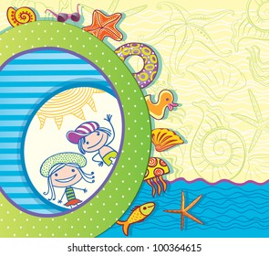 Summer greeting card. Children and beach attributes.