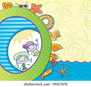 Summer greeting card. Children and beach attributes.