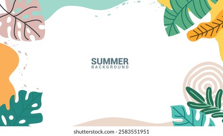 Summer greeting card clipart background. Summer tropical colorful leaves drawing clip art in abstract background vector illustration. 