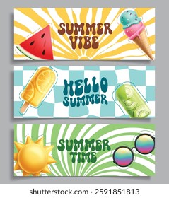 Summer greeting card clipart banner set. Hello summer greeting clip art with ice cream, popsicle, sun, sunglasses and watermelon tropical elements in colorful background. 