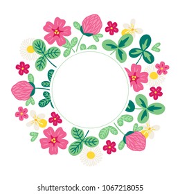 Summer greeting card with clover, viola, chamomile and circle blank label. Perfect for holiday and spring invitations