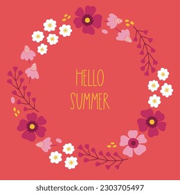 Summer greeting card with colorful flowers and branches on red background. Perfect for seasonal holidays and decorations. Hand drawn frame, wreath