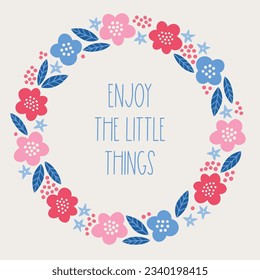 Summer greeting card with colorful flowes and leaves on white background. Perfect for seasonal holidays and decorations. Hand drawn frame, wreath