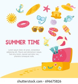 Summer greeting card. Creative illustration with hand written text "Summer Time". Opened suitcase with flying summer things and beach attributes. 