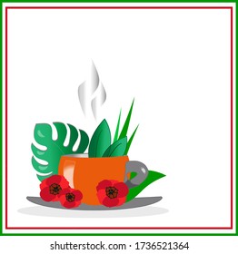 
Summer greeting card.
 Cup of coffee with spring flowers and leaves.
Vector isolated.