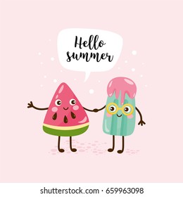Summer greeting card. Cute illustration with watermelon slice and ice cream in glasses, speech bubble and hand written text "Hello summer". Greeting card or poster for printing.