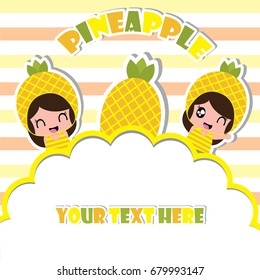 Summer greeting card with cute pineapple girls on frame on striped background vector cartoon for summer postcard and invitation card