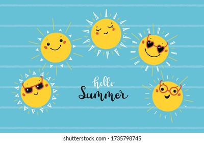 Tarjeta de saludo de verano con Suns sonrientes. Caricatura Doodle Funny Pequeños Caracteres Sun Kawaii y Frases "Hola Summer" Vector Set. Diseño escandinavo de impresión o afiche