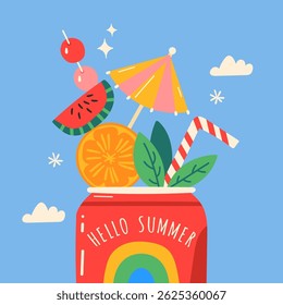 Summer greeting card design with cute drink soda can. Childish print for background, banner or poster design